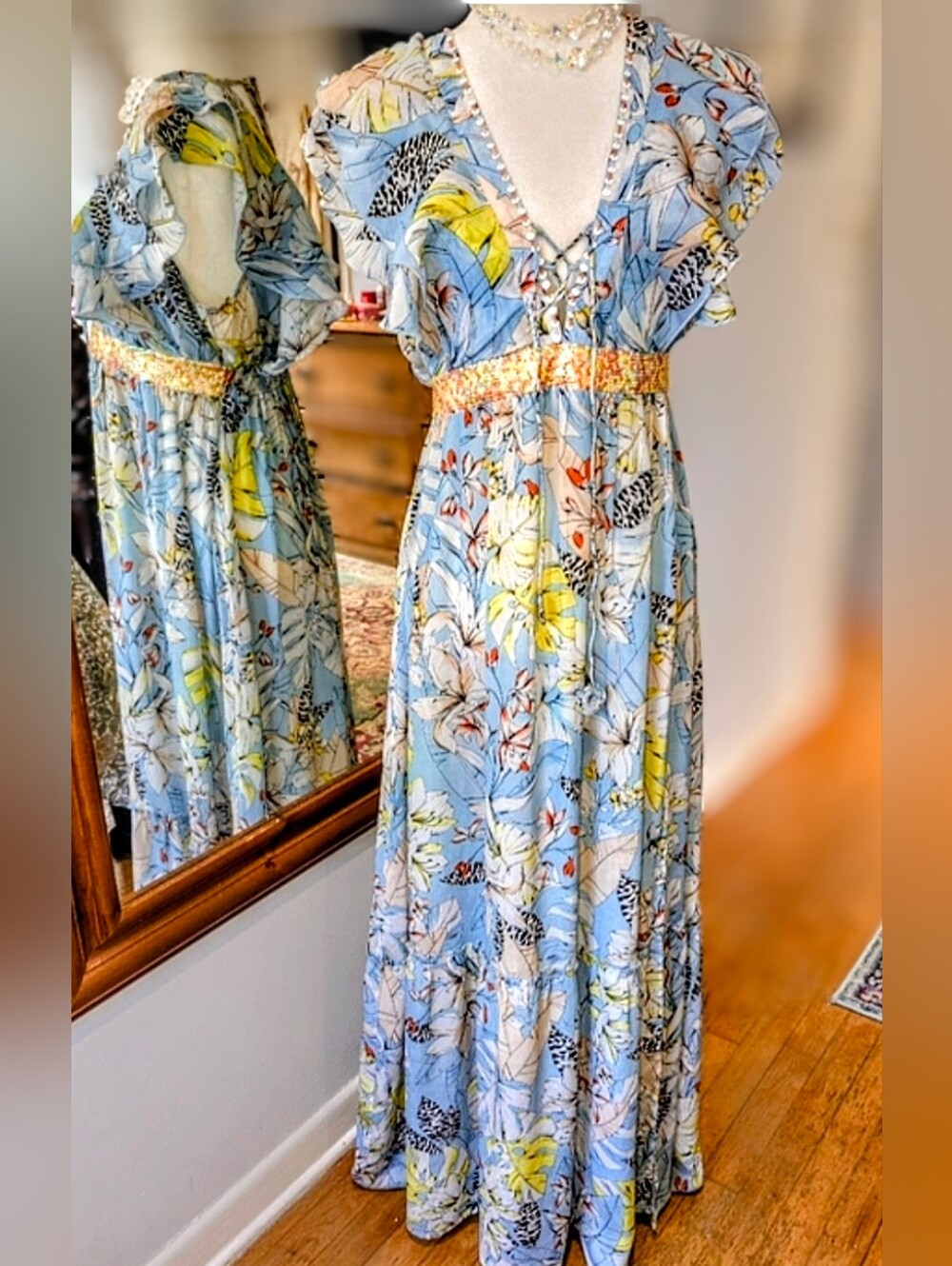 TAJ by Sabrina Crippa Light Blue Floral Maxi Dress